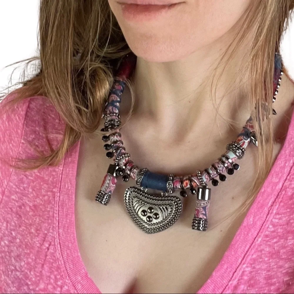 Tribal Boho Fabric, String and Metal Necklace - Picture 9 of 10
